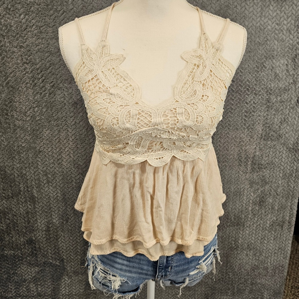 Listicle Beige Crochet Lace Peplum Cami Top Smocked Back Boho V-Neck Small
